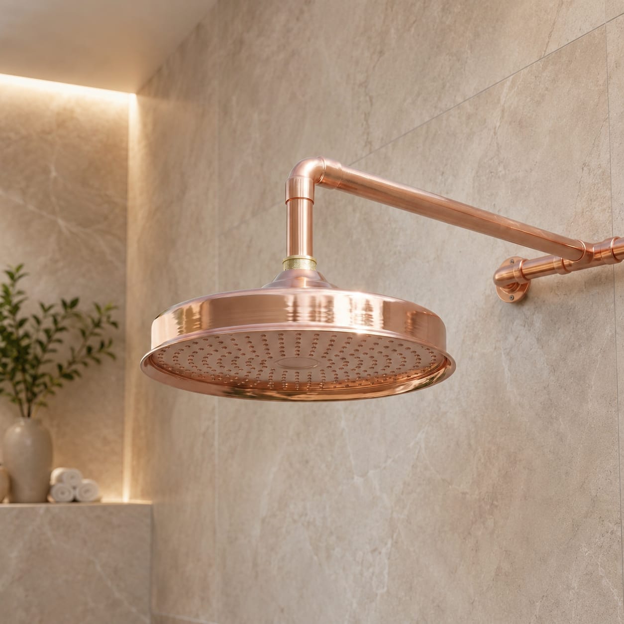 Unlacquered Copper Rain Shower Head with Brass Arm – Handmade Moroccan Shower System