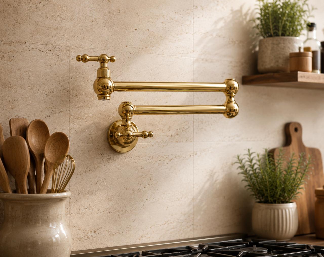 Unlacquered Brass Pot Filler Kitchen Faucet – Wall Mounted Stove Faucet