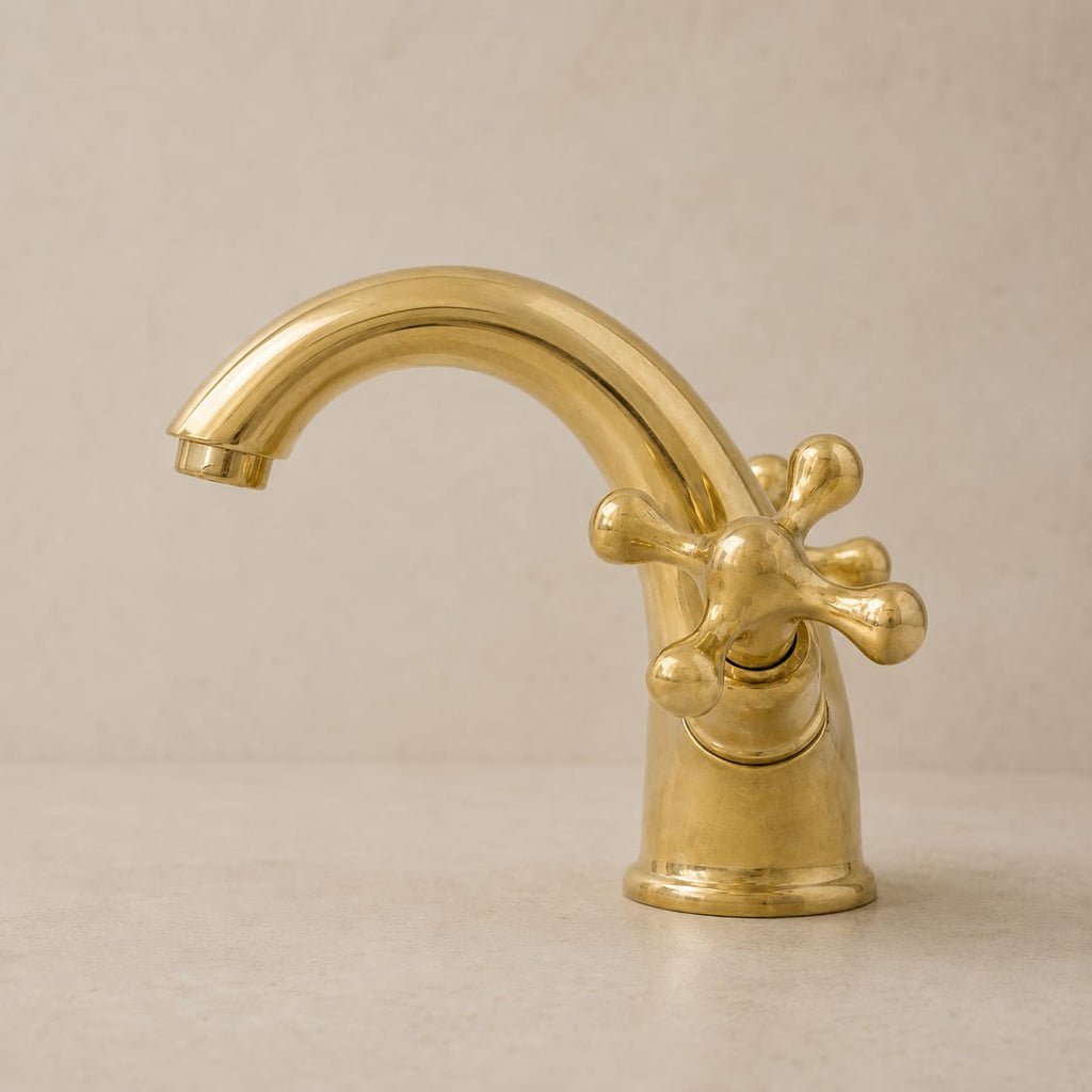 Single-Hole Unlacquered Brass Bathroom Sink Vanity Faucet with Double Cross Handles