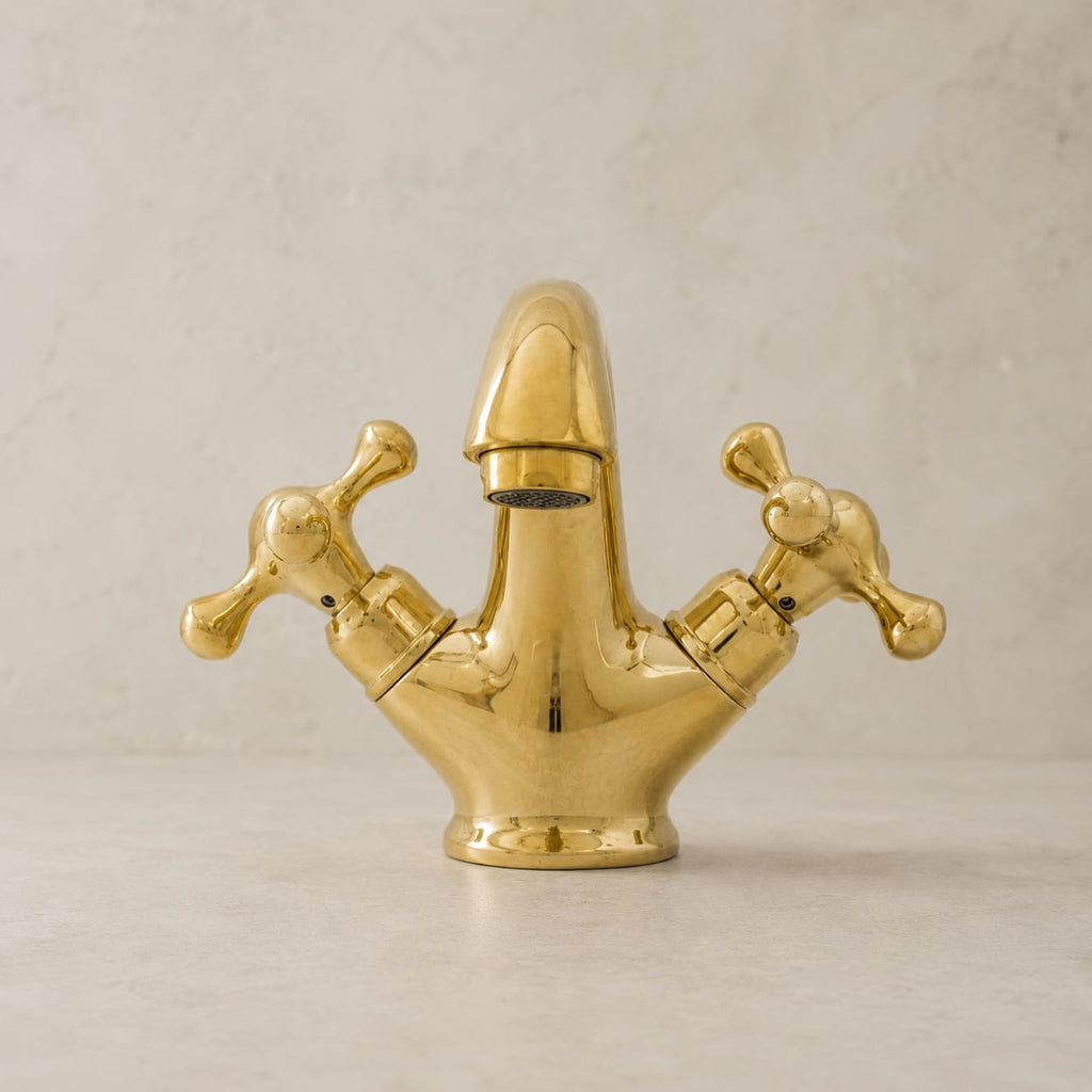 Single-Hole Unlacquered Brass Bathroom Sink Vanity Faucet with Double Cross Handles