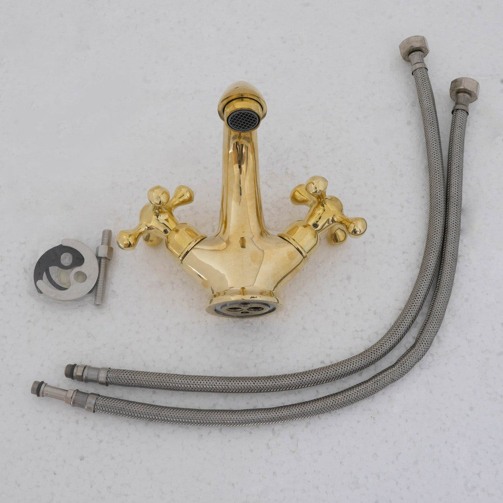 Single-Hole Unlacquered Brass Bathroom Sink Vanity Faucet with Double Cross Handles