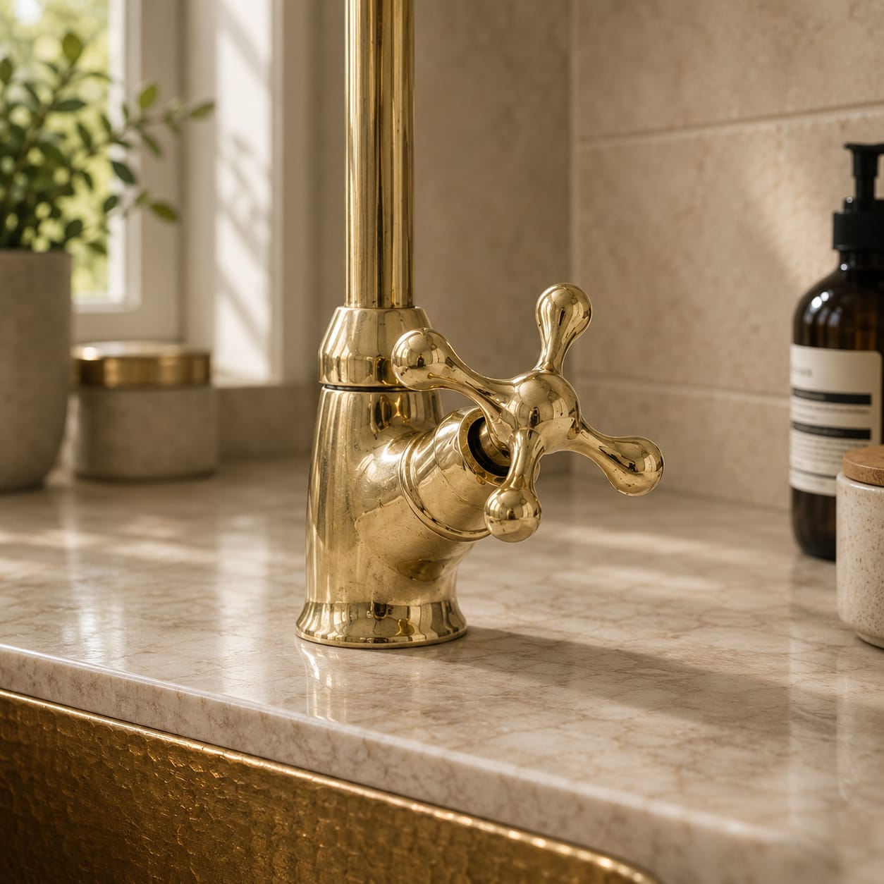 Unlacquered Brass Bar Kitchen Faucet | Cold Water Single Hole Cross Handle