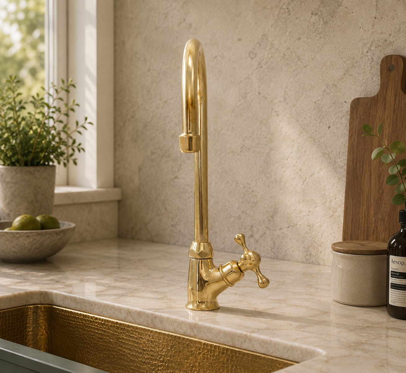 Unlacquered Brass Bar Kitchen Faucet | Cold Water Single Hole Cross Handle