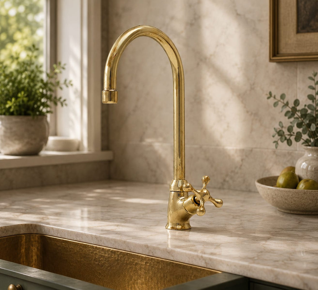 Unlacquered Brass Bar Kitchen Faucet | Cold Water Single Hole Cross Handle