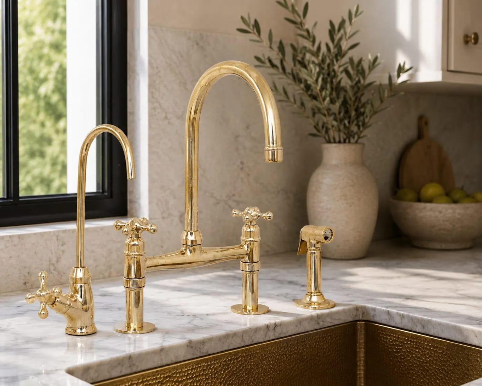 Unlacquered Brass Bridge Kitchen Faucet with Side Sprayer