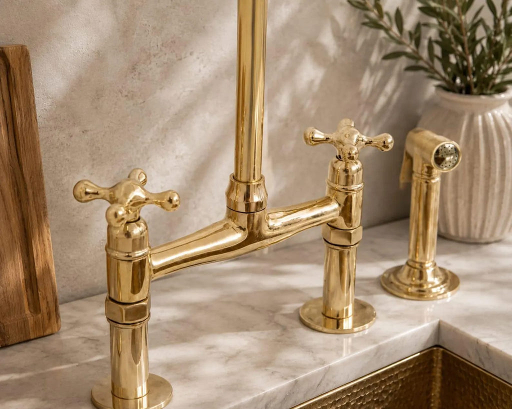 Unlacquered Brass Bridge Kitchen Faucet with Side Sprayer