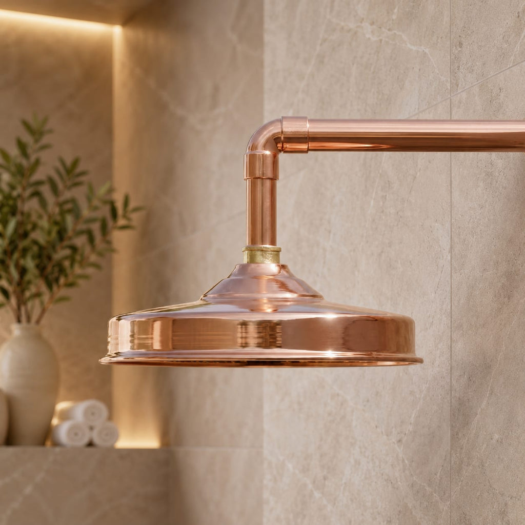 Unlacquered Copper Rain Shower Head with Brass Arm – Handmade Moroccan Shower System