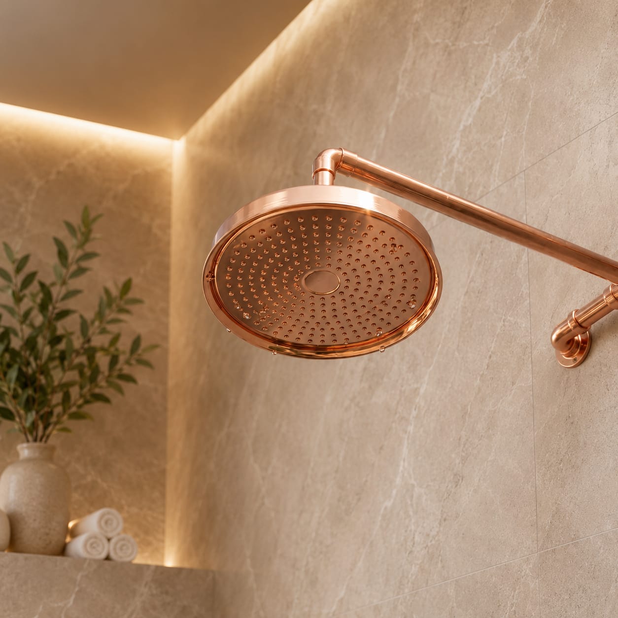 Unlacquered Copper Rain Shower Head with Brass Arm – Handmade Moroccan Shower System
