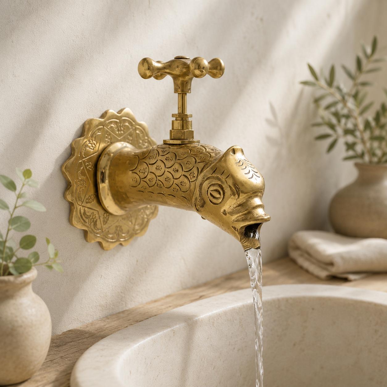 Handmade Brass Fish Faucet – Decorative Wall Mounted Water Tap