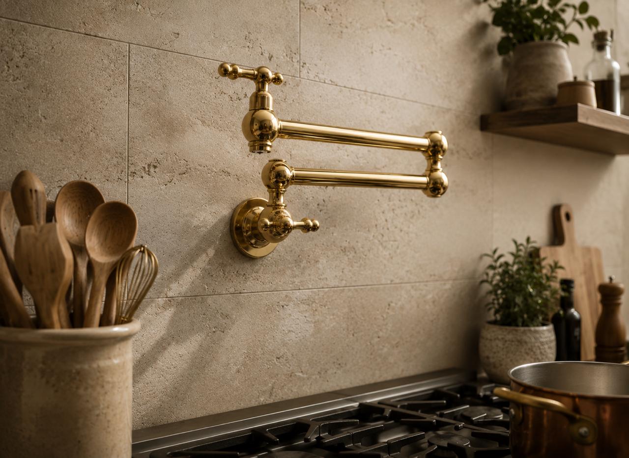 Unlacquered Brass Pot Filler Kitchen Faucet – Wall Mounted Stove Faucet