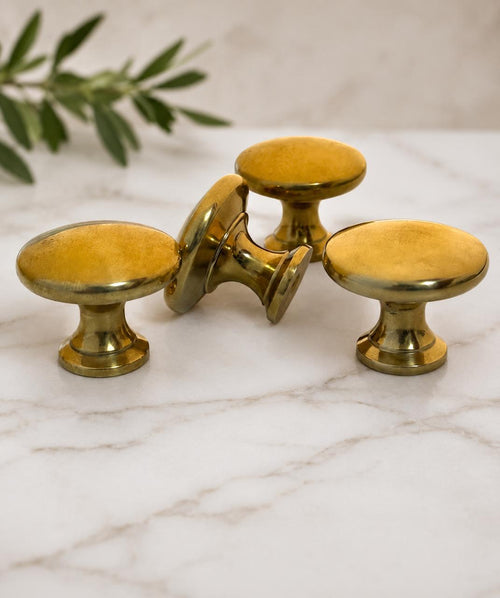 Handmade Unlacquered Brass Cabinet Knob – Round Mushroom Drawer Pull