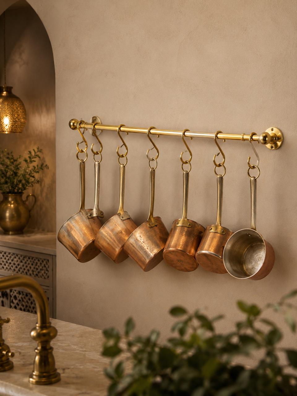 Unlacquered Brass Kitchen Pot Rail with S Hooks – Wall Mounted Pan Rack