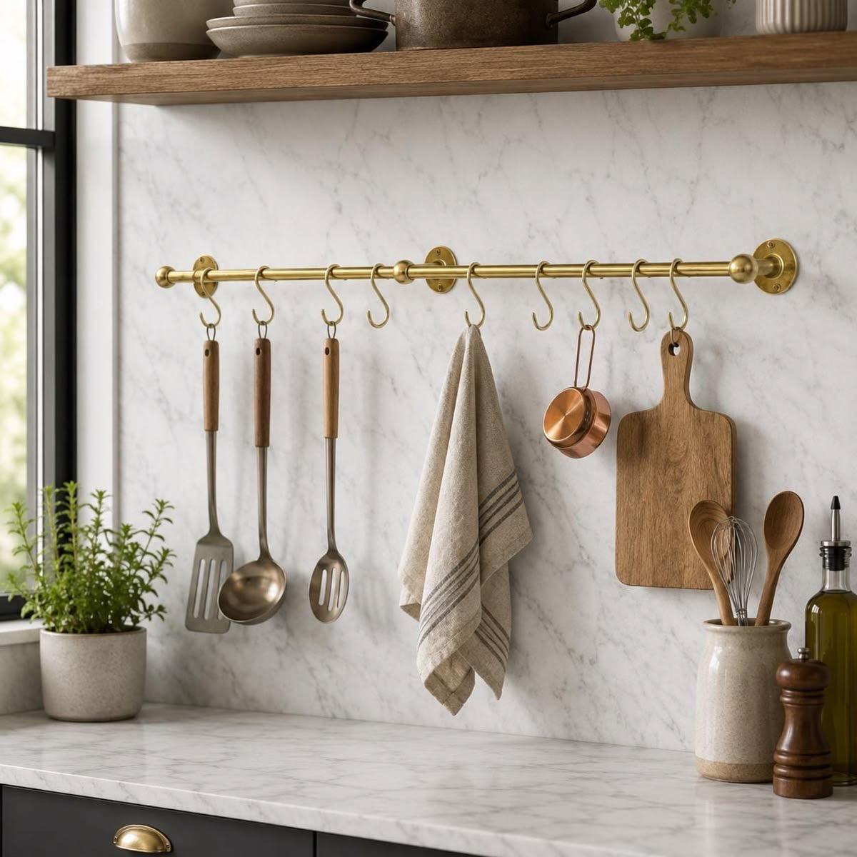Unlacquered Brass Kitchen Pot Rail with S Hooks – Wall Mounted Pan Rack