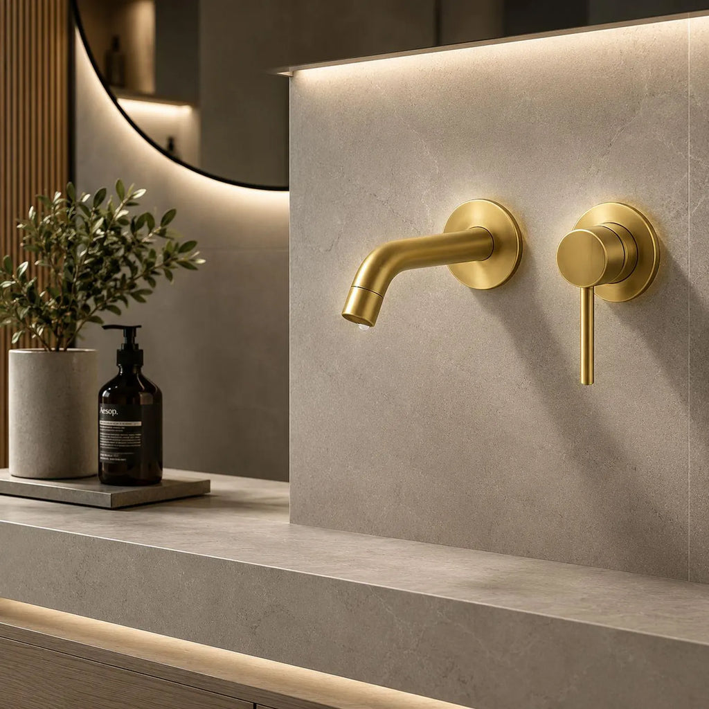 Oslo Single-Handle 2-Hole Wall Mounted Bathroom Faucet – Unlacquered Brass