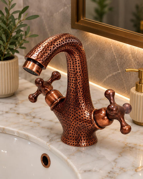 Hammered Copper Bathroom Faucet | Single Hole Gooseneck Vanity Tap with Cross Handles