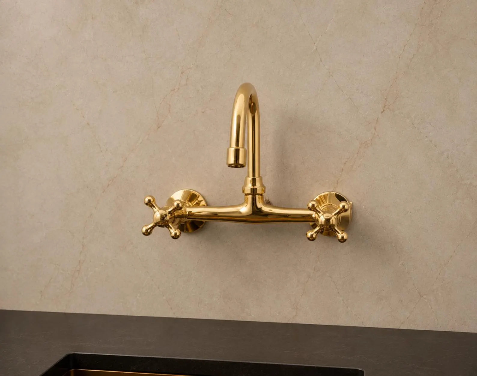 Solid Brass Wall Mount Kitchen Faucet | Short Square Spout, Unlacquered Brass