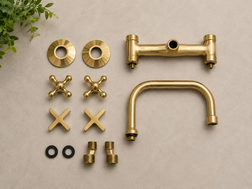 Solid Brass Wall Mount Kitchen Faucet | Short Square Spout, Unlacquered Brass