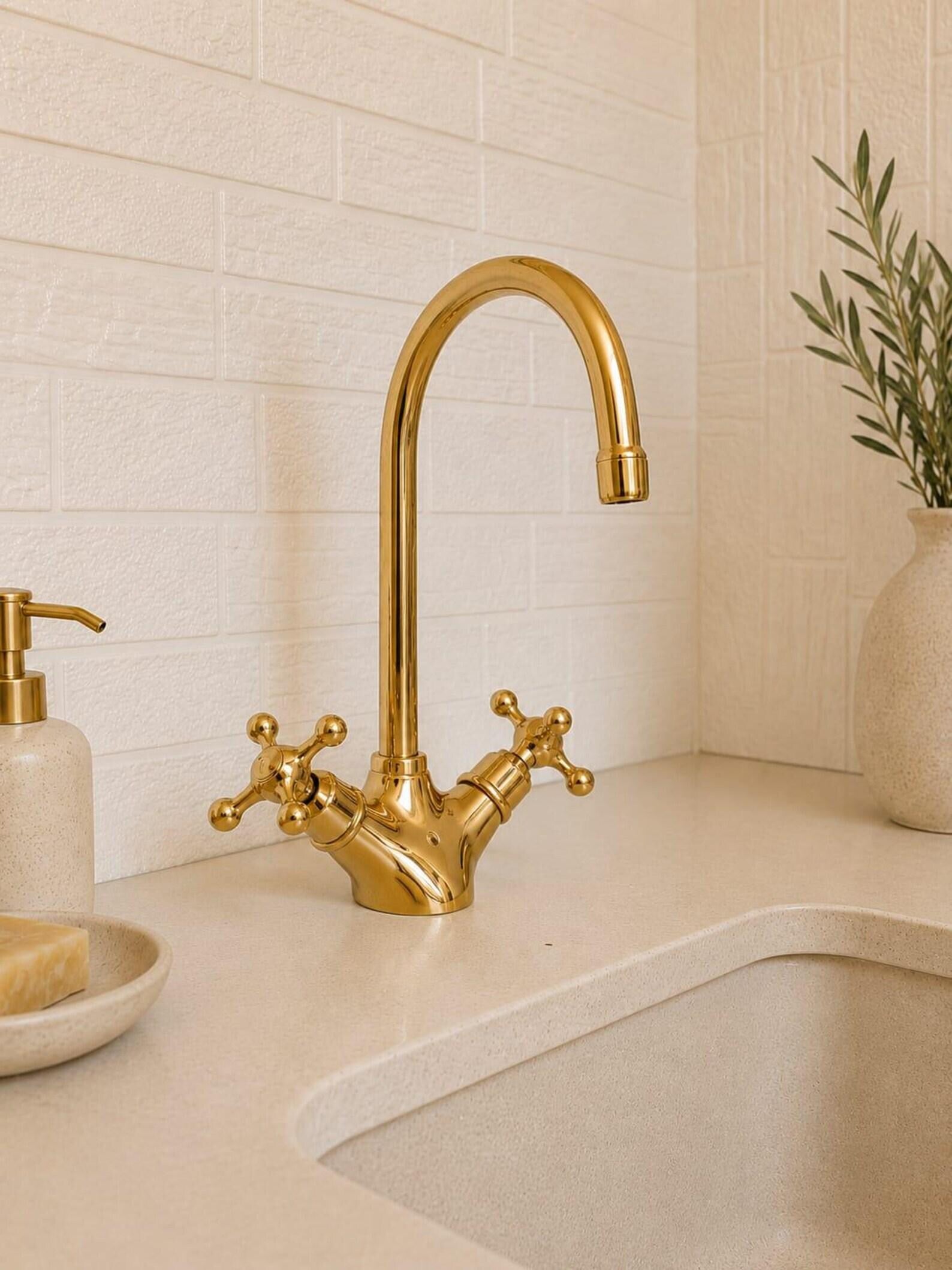 Unlacquered Brass Single Hole Kitchen Faucet | Swivel Spout Sink Bar Tap