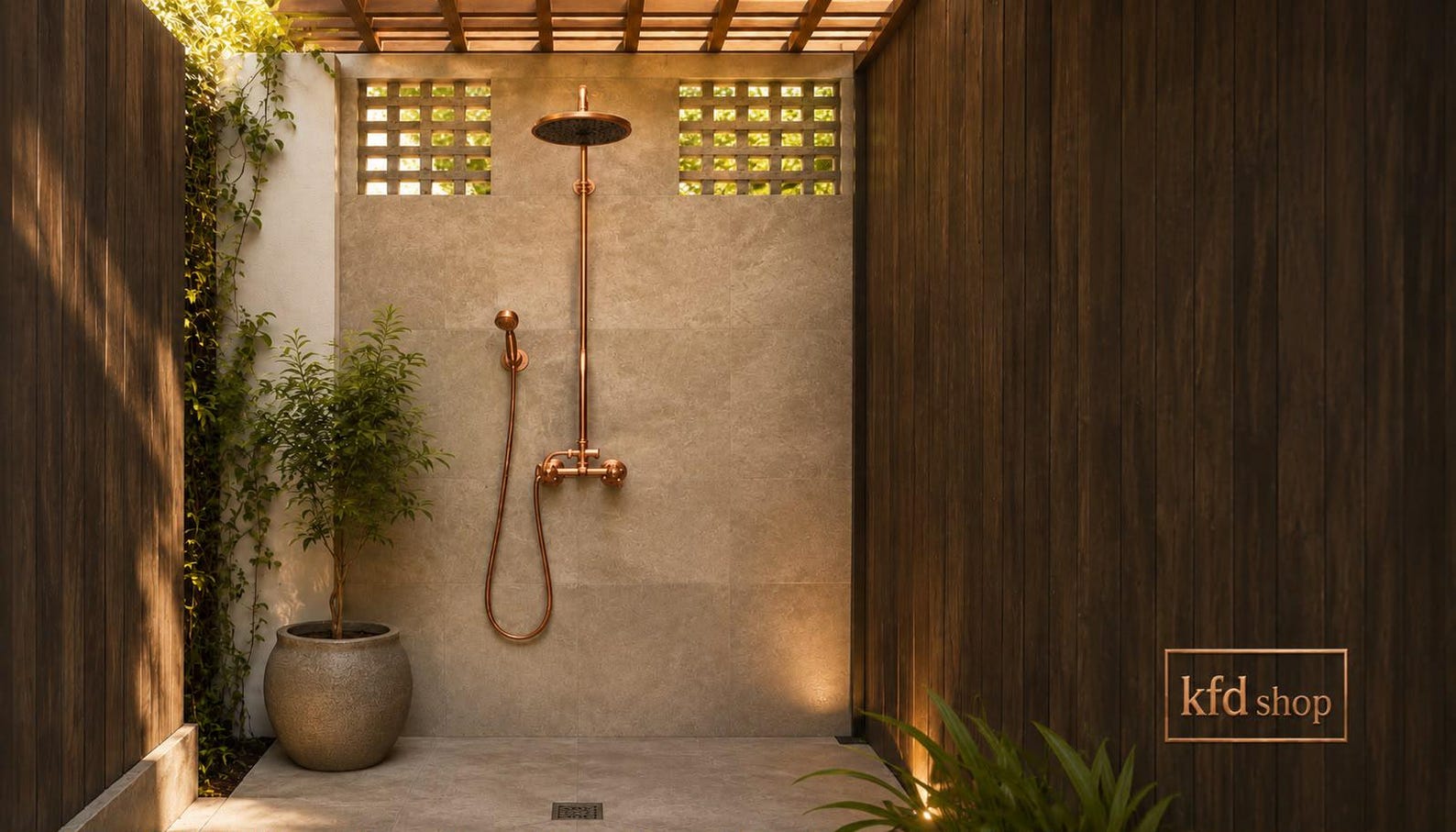 Unlacquered Copper Outdoor Shower System with Copper Showerhead | Handmade Rainfall Shower