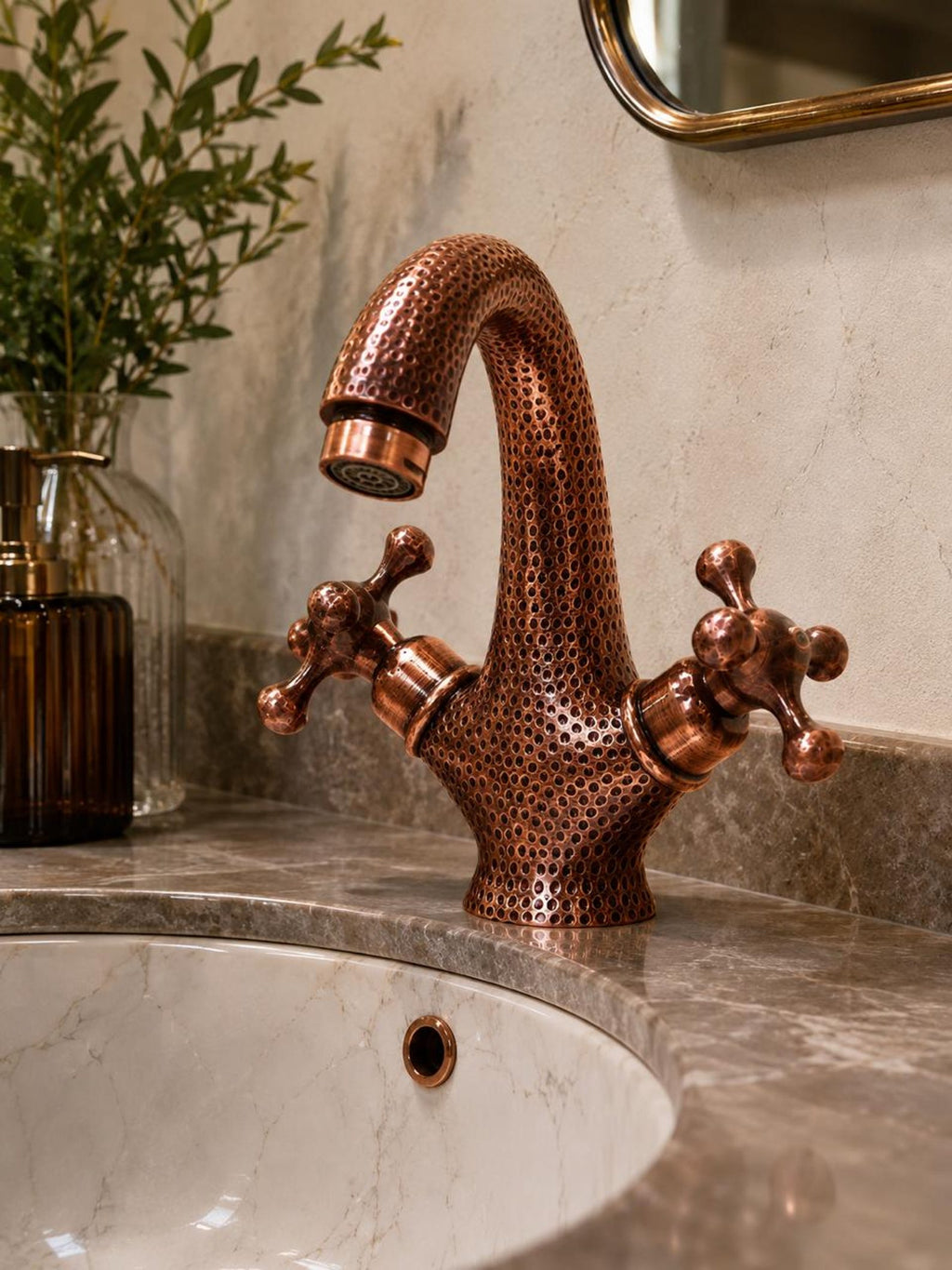 Hammered Copper Bathroom Faucet | Single Hole Gooseneck Vanity Tap with Cross Handles