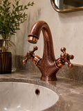 Hammered Copper Bathroom Faucet | Single Hole Gooseneck Vanity Tap with Cross Handles
