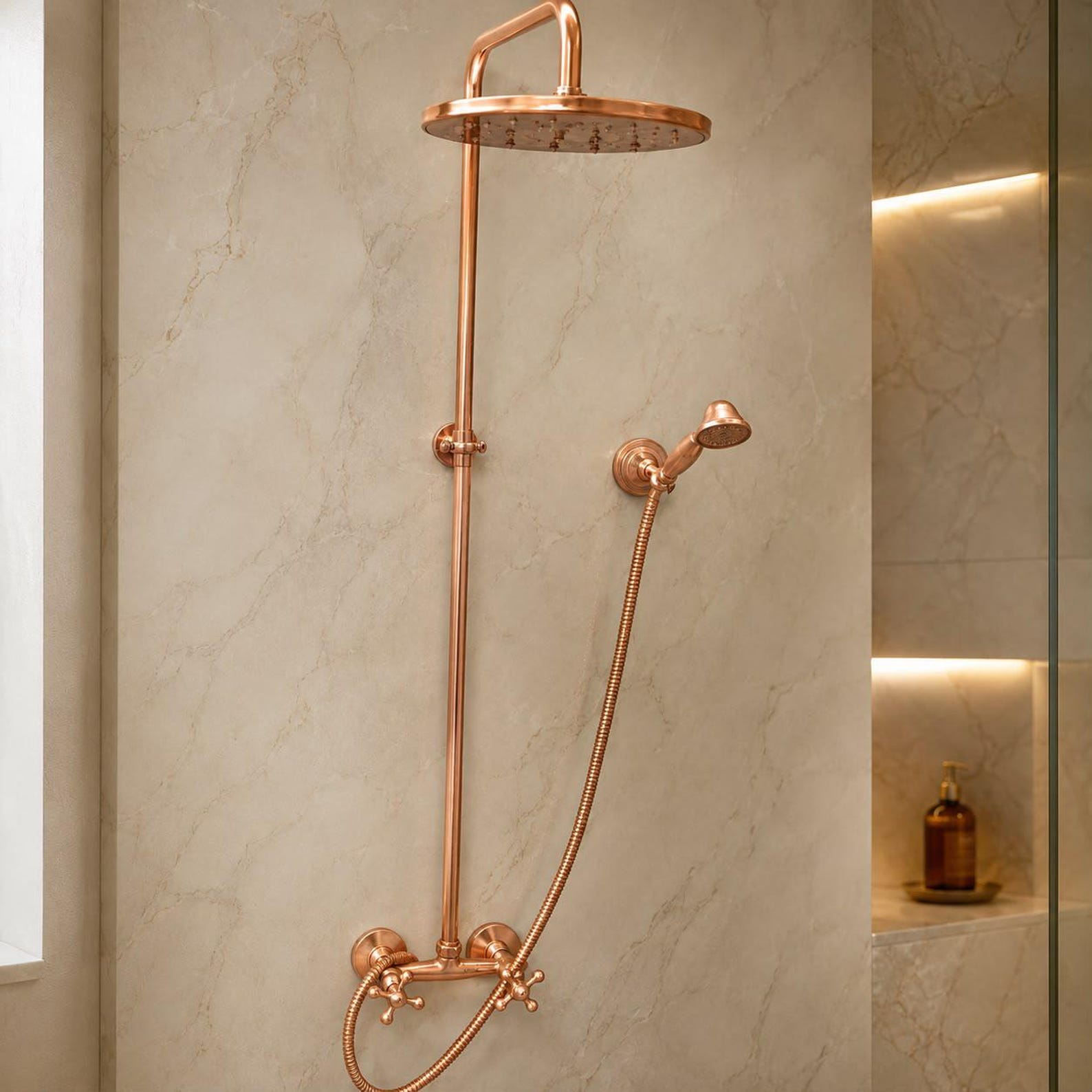 Unlacquered Copper Outdoor Shower System with Copper Showerhead | Handmade Rainfall Shower
